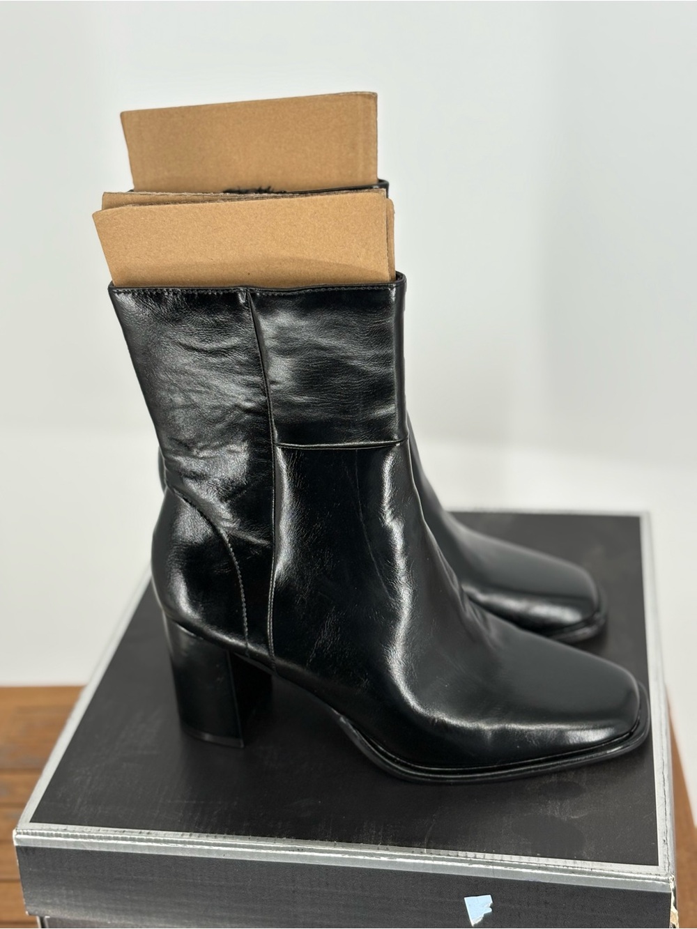 New Madden Girl Black Leather Mid-Calf Block Heel Boots - Women's size 7
